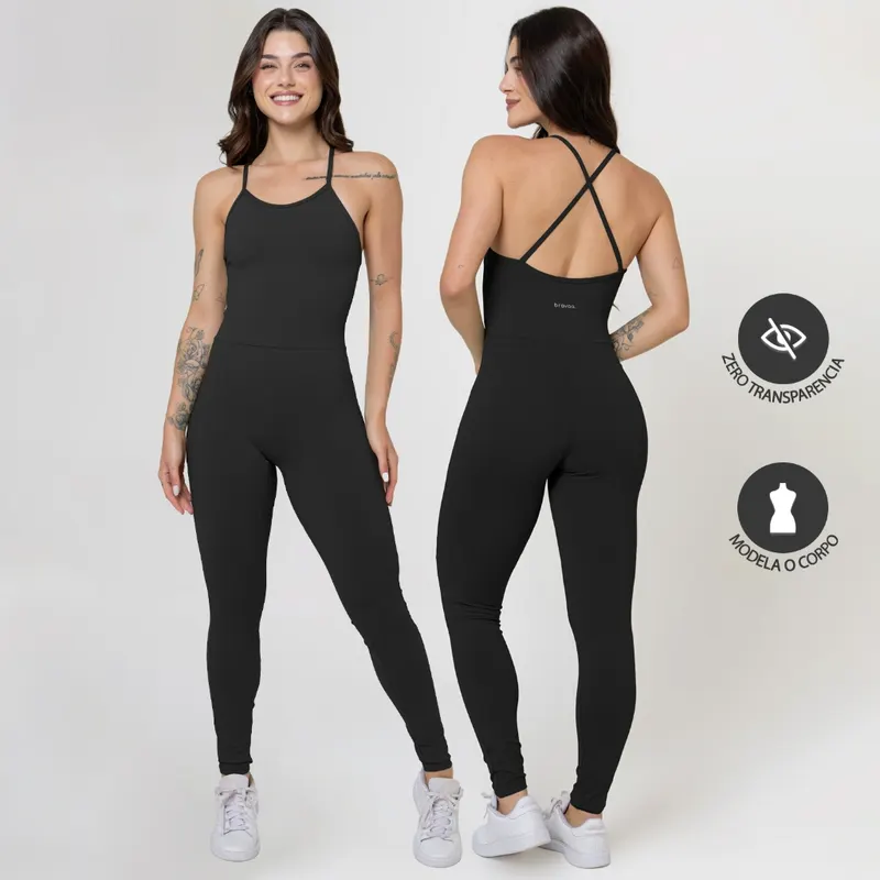 Macacão Longo Cruzado Feminino Suplex Blackout Roupa Macaquinho Fitness Zero