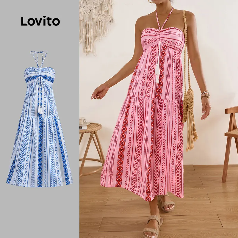 Lovito Vestido Boho De Verão/primavera Praia Longo Com Estampa Tribal E Franjas Para