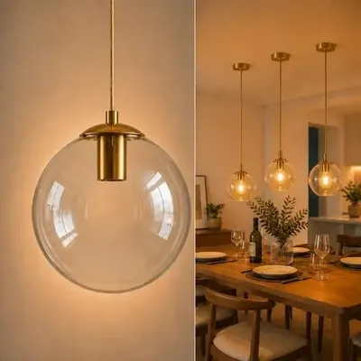 Pendente Lux Dourado Globo Vidro Cristal + Led
