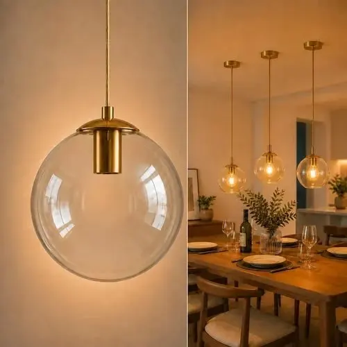 Pendente Lux Dourado Globo Vidro Cristal + Led
