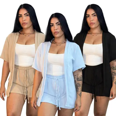Conjunto 2 Peças Kimono + Short Duna Feminino Blogueira 2026 Moda Praia Saida de Praia