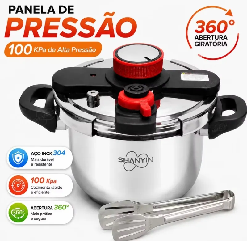 Panela de Pressão Inox 304 6 e 10 Litros 100kPa Cozinha Rápida para Indução e Gás com Pinça para alimentos Inox