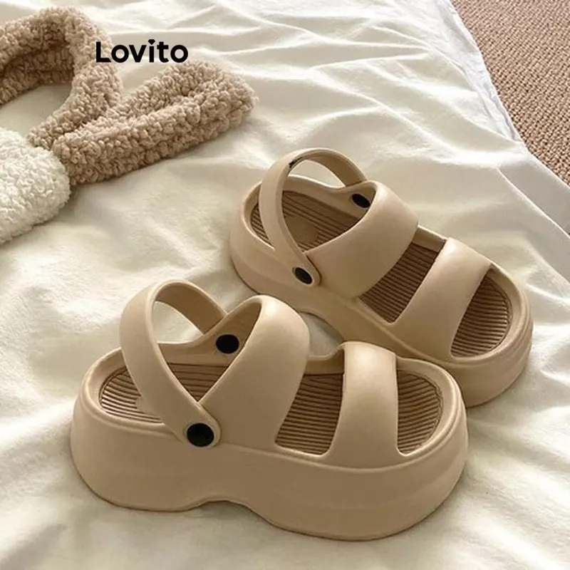 Lovito Plataforma Casual Sandália Plana Lisa De 6 Cm Com Alças Duplas Eva Antiderrapante