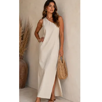 Vestido Longo Assimetrico Feminino em Linho com ziper nas costas Bolsos Laterais