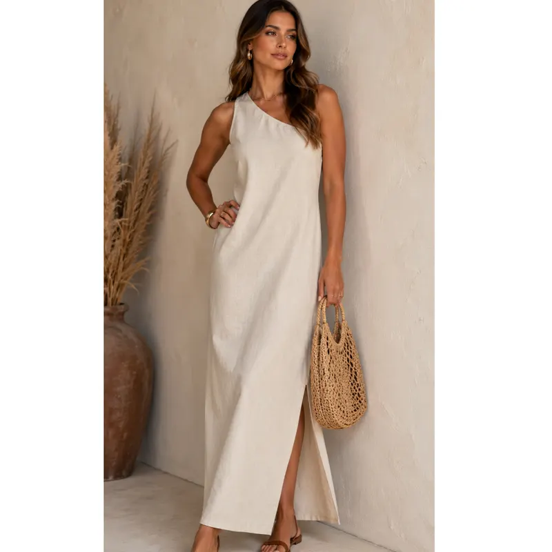 Vestido Longo Assimetrico Feminino em Linho com ziper nas costas Bolsos Laterais