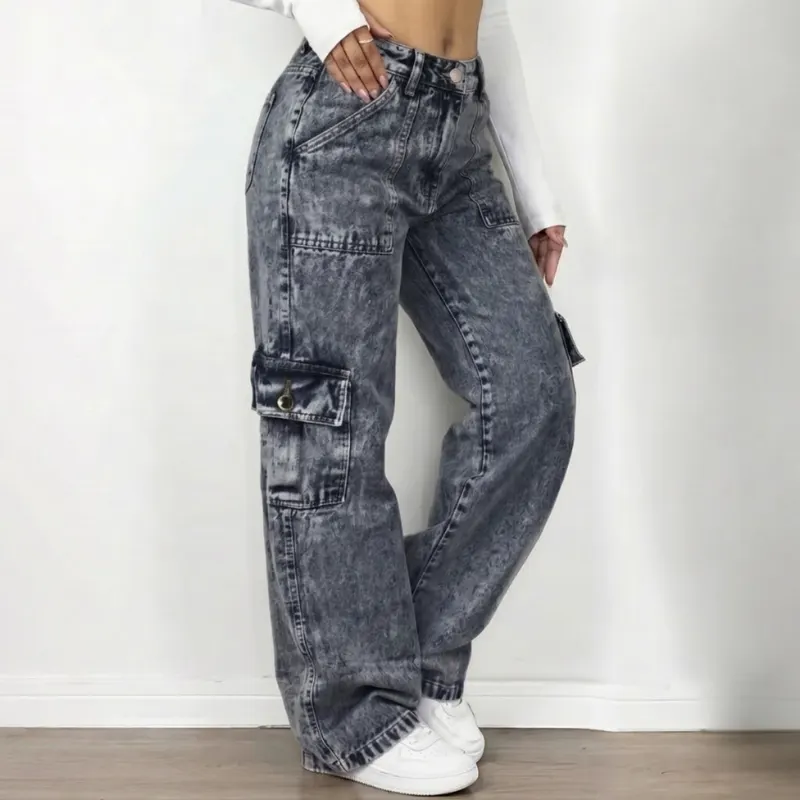 Calça Jeans Feminina Cargo Wide Leg Marmorizada Pantalona Boca Larga Bolso Lateral