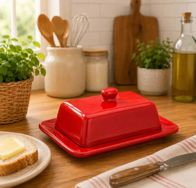 Manteigueira Retangular Com Tampa Vermelha Decoração Cozinha Cerâmica