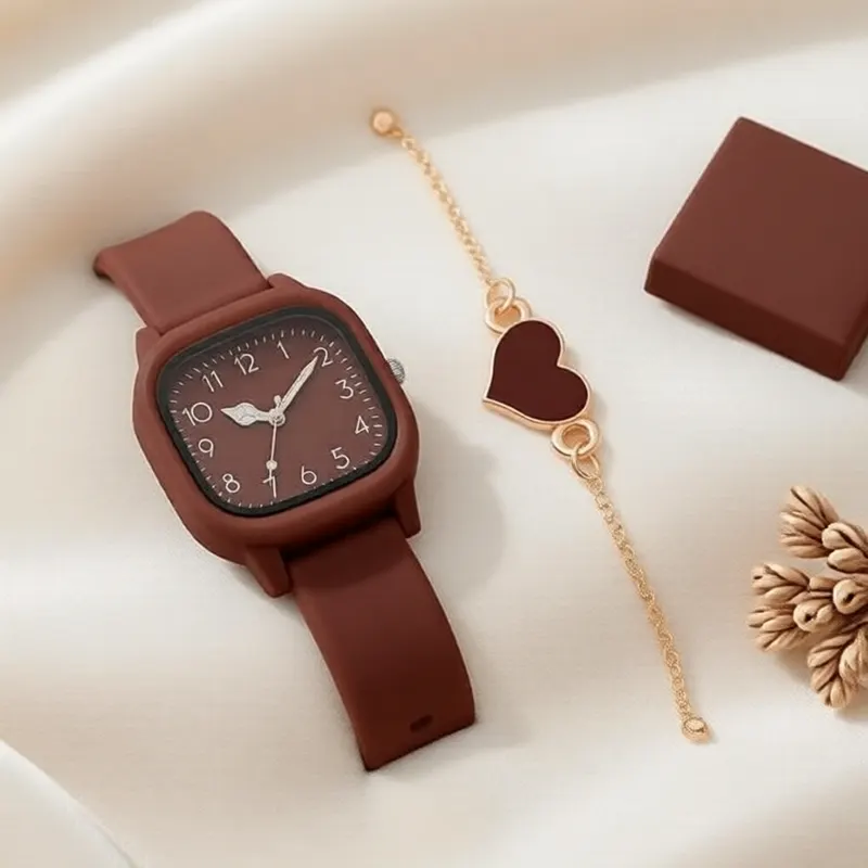 2 peças de relógios de moda feminina com pulseira de silicone e bracelete em formato de