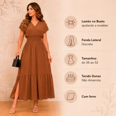 Vestido Longo Evangélico com Forro, Gola V com Babado e Lastéx na Cintura Dunas Zero