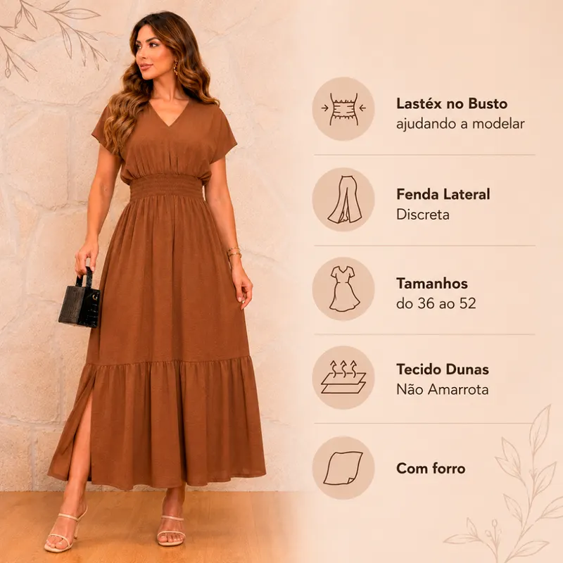Vestido Longo Evangélico com Forro, Gola V com Babado e Lastéx na Cintura Dunas Zero