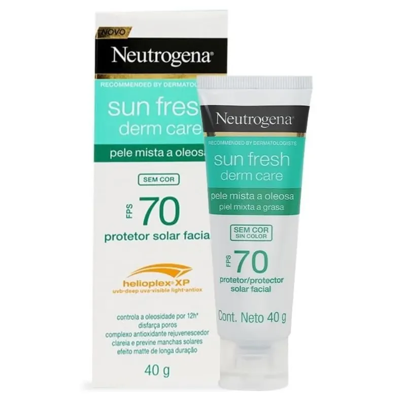 Protetor Solar Facial Neutrogena Sun Fresh Derm Care, Sem Cor, FPS 70, 40g | Pele Oleosa, Não Comedogênico, Antioxidante, Resistente à Água
