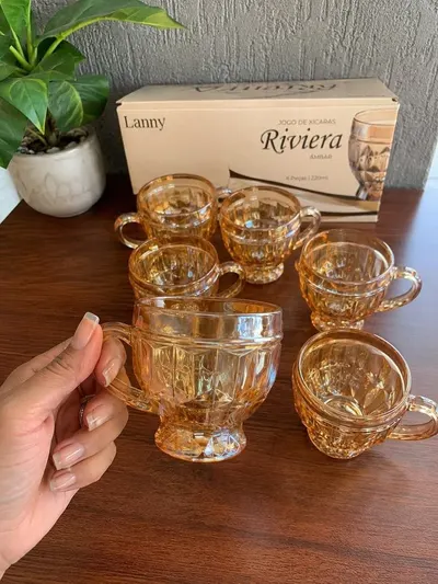 Jogo 6 Xícaras Vidro Âmbar Riviera 220ml Design Elegante Ideal para Café Chá e Cappuccino