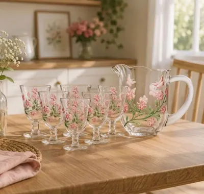 Conjunto jarra 1,3l e 6 Taças Para Água 240ml Lyor Lys Hand Painting Cristal Decoradas Floral Luxo Mesa Posta