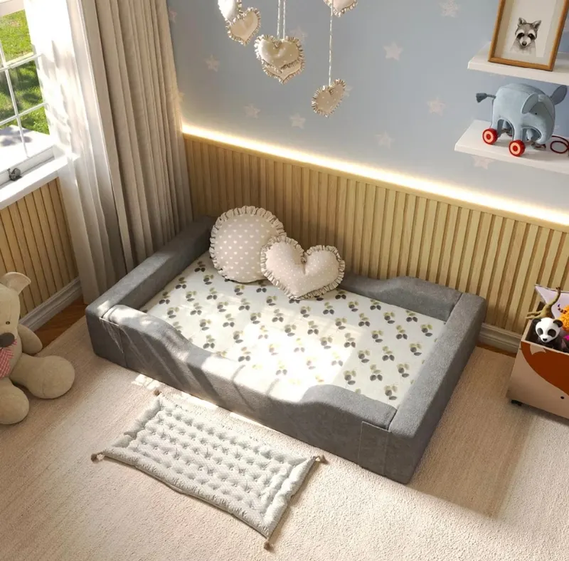 Cama Estilo Montessoriana tamanho berço macia 100% de espuma para bebê na cor cinza