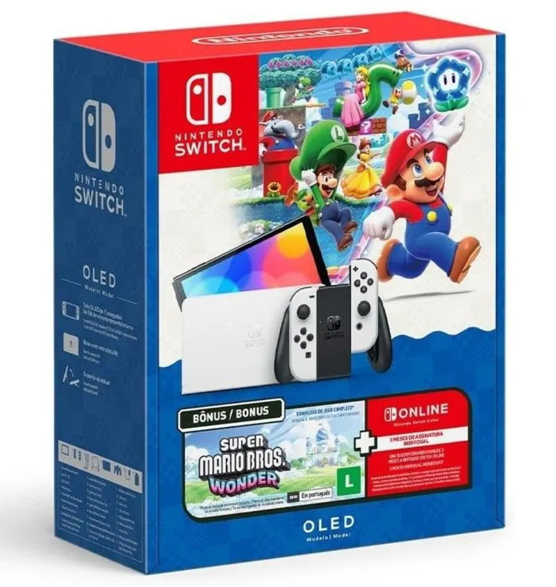 Bundle Nintendo Switch OLED + Super Mario Bros Wonder + 3 Meses de Assinatura Nintendo Switch Online