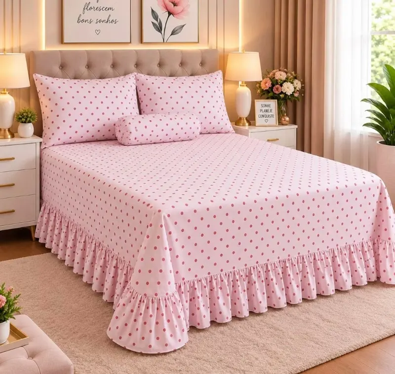 Kit Colcha Cama Cobre Leito Casal Queen C/Babado 3 Peças Estampada 400 fios Luxo