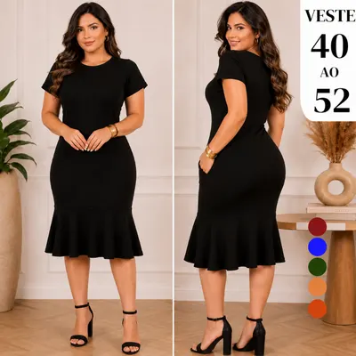Vestido Feminino Midi Malha Texturizada Elegante Modelo de Babado