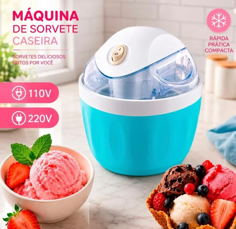 Máquina de Sorvete Iogurte Gelado Caseira 110v 220v Sobremesa 500ml Multiuso