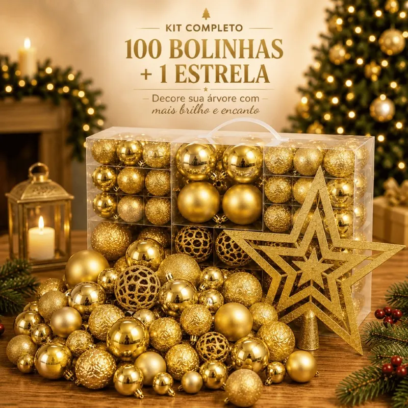 Kit 100 Bolas de Natal + Estrela para Árvore Decoração Premium Bolinhas Mistas Lisas Foscas Glitter Dourada e Vermelha