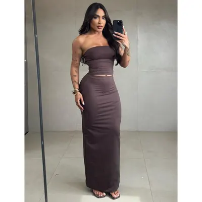 Conjunto Cropped Tomara que Caia + Saia Midi com Fenda em Suplex Feminino.