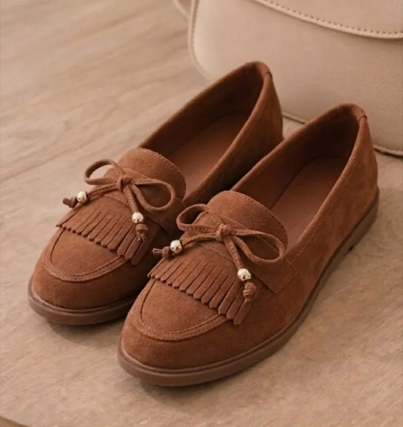 Mocassim Baixo Feminino Elegante Couro Legítimo Camurça Confortável Casual Bico Redondo Promoção