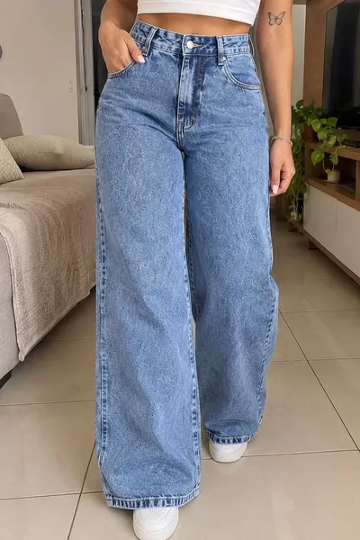 Calça Jeans Feminina Cintura Alta Wide Leg Com Bolso