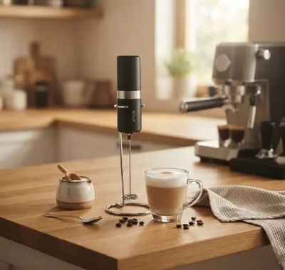 Mixer Elétrico Portátil Aço Inox com Suporte Wolff Espumador de Leite para Café e Shakes Cappuccino Cozinha Recarregável
