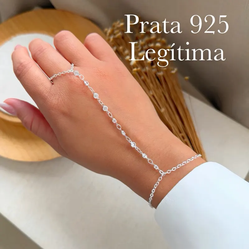 Pulseira de Mão Prata 925 Feminina Delicada com Zircônias - Hand Chain Elegante Ajustável