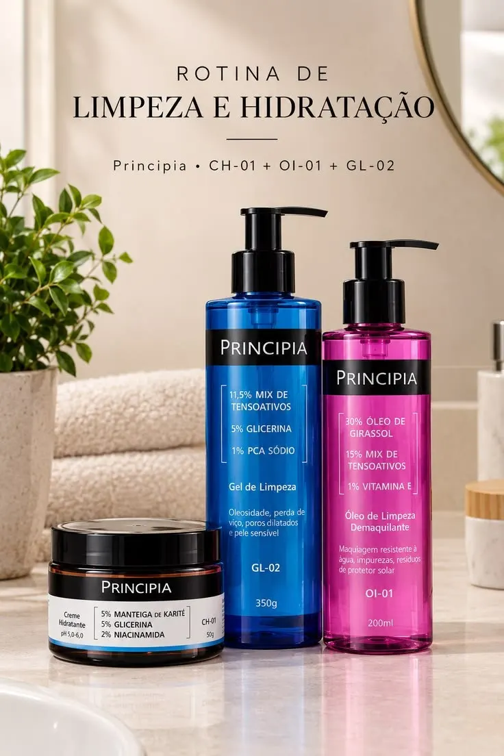 Principia Kit Limpa Hidrata e Protege c/ Gel de Limpeza GL-01 + Creme Hidratante CH-01 + Protetor Cor PS-05 FPS 70