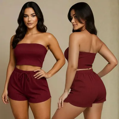 Conjunto Feminino Verão Cropped e Short Canelado Top e Shorts Feninino Paty Femenino Duas