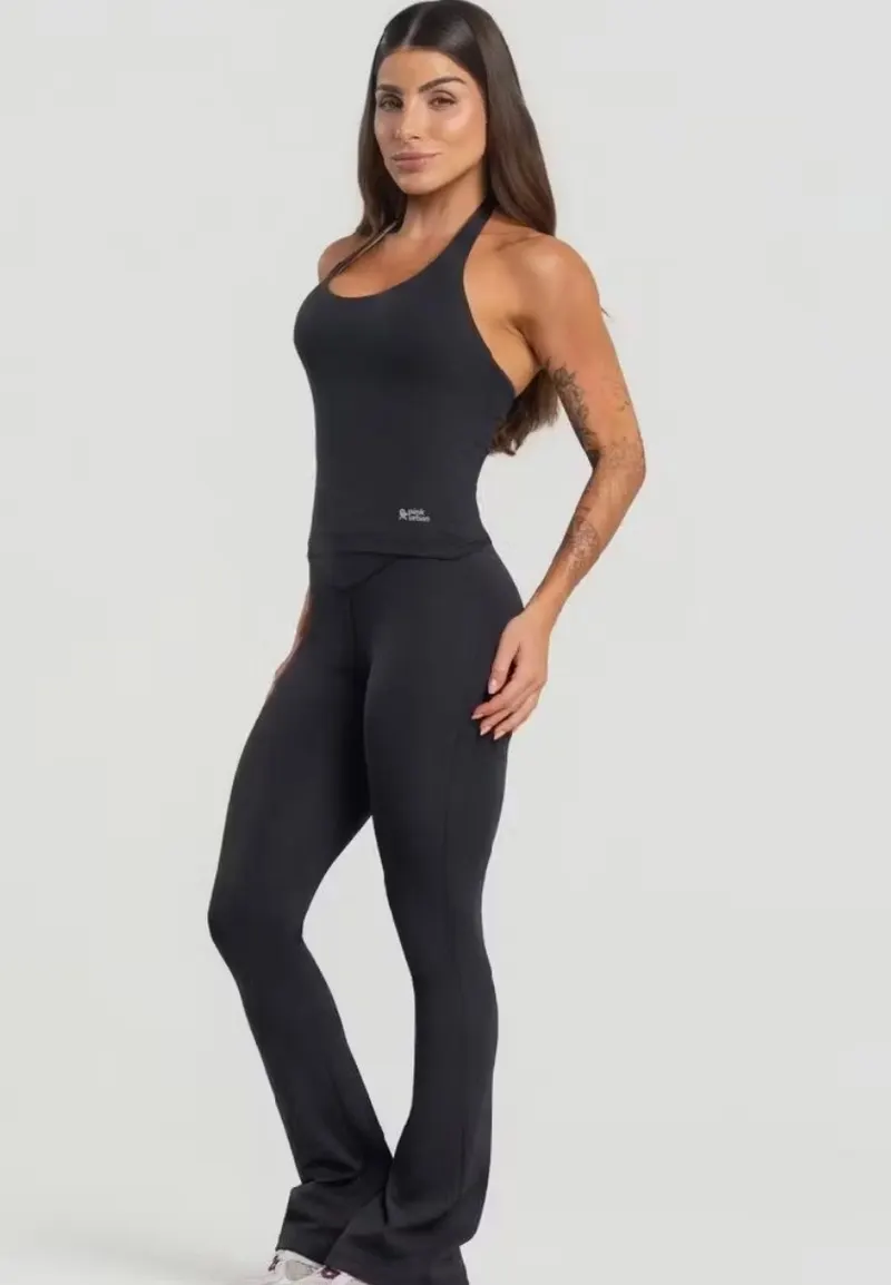 Kit Regata Frente Única Poliamida + Calça Flare Blackout Cintura Alta Conjunto Fitness Feminino Zero Transparência
