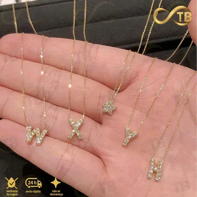 TB Moda Colar Feminina Elegante com Letra de AZ Brilhando em Diamante Presente Luxuoso