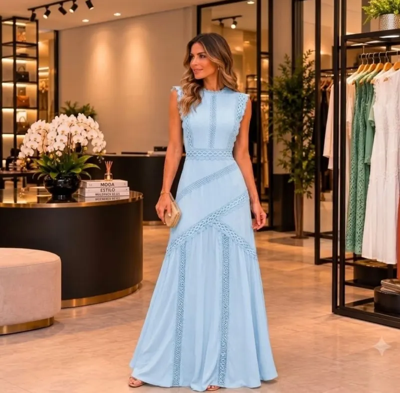 Vestido Cecília Longo Feminino com Detalhes em Renda e Saia Fluida