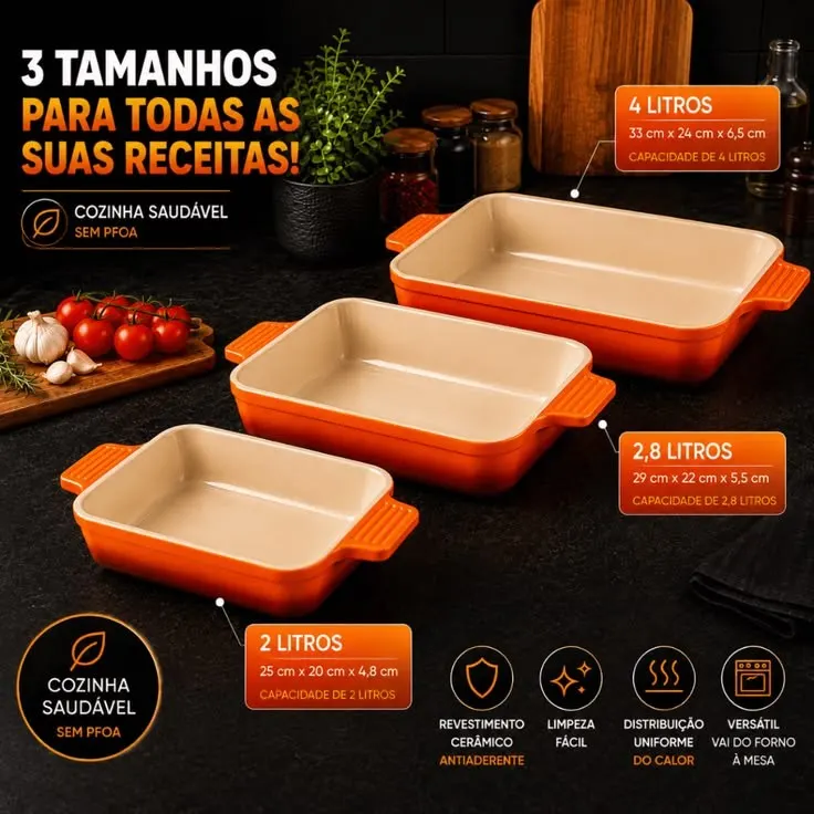Kit 3 Formas Retangulares 2L 2,8L 4L Revestimento Cerâmico p/ Forno Travessa Lasanha Assados Oferta!