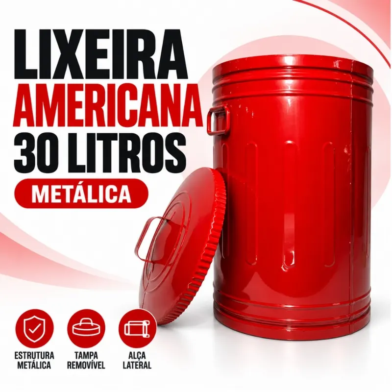 Lixeira Estilo Americana 30 Litros Aço Galvanizado Com Tampa e Alças 52 Cm De Altura