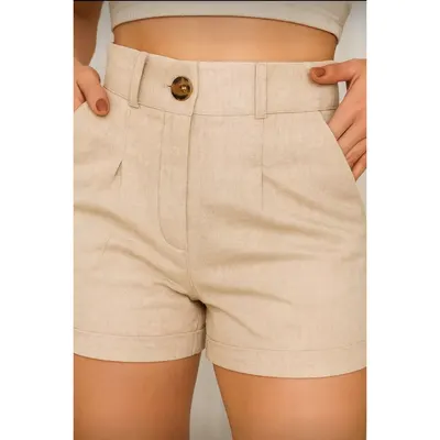 Shorts Feminino de Linho Cintura Alta Bolso Faca Elegante Simples Zíper Botão