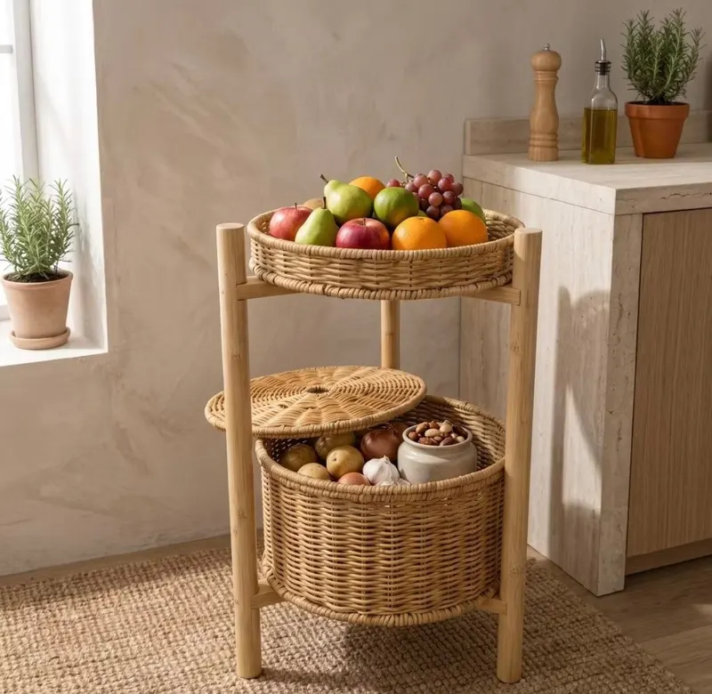 Cesto Organizador Multiuso Prateleira 2 Andares Tampa Cozinha 31x50cm Bambu e Vime