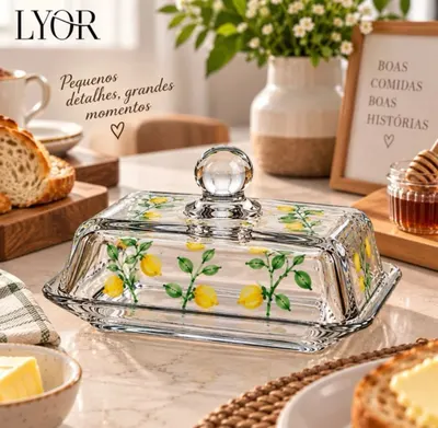 MANTEIGUEIRA DE CRISTAL COM TAMPA LYOR SICILIANO HAND PAINTING – PINTURA DE LIMÕES PARA MESA POSTA