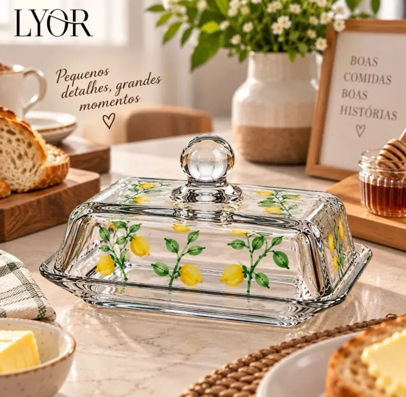 MANTEIGUEIRA DE CRISTAL COM TAMPA LYOR SICILIANO HAND PAINTING – PINTURA DE LIMÕES PARA MESA POSTA