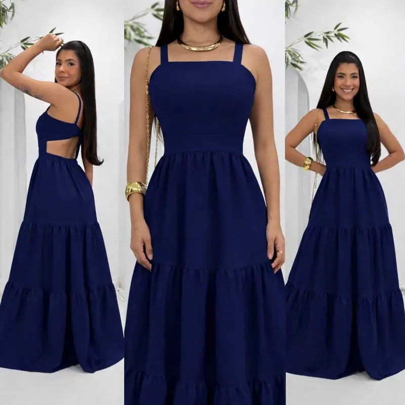 Vestido Longo Feminino Alça Rodado Soltinho Liso Exclusivo