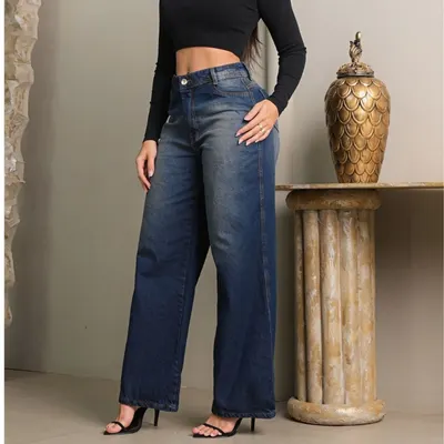 Calça Jeans Feminina Wide Leg Sobretinto 100% Algodão Marmorizada Cintura Alta Pantalona