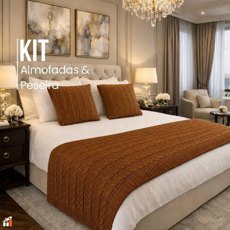 Kit Peseira para Cama com 2 Capas de Almofada Tricô Luxo Decorativo Casal Queen Elegante