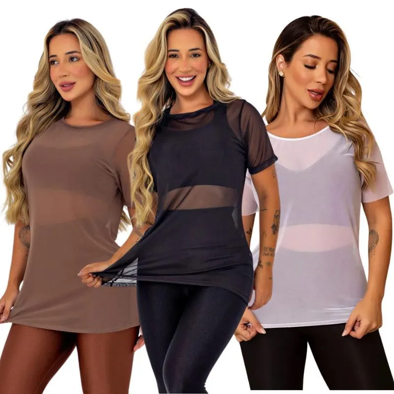 Kit 2 Blusa Blogueira Feminina Transparente Tule Manga Curta Camiseta Academia Fitness