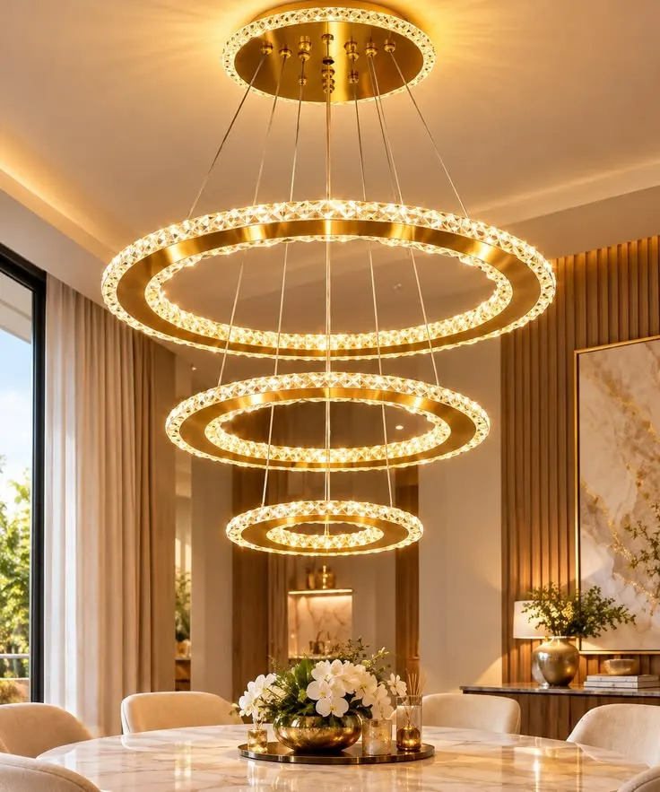 Lustre Pendente Cristal Led 3 Anéis Controle Remoto Aplicativo Bluetooth