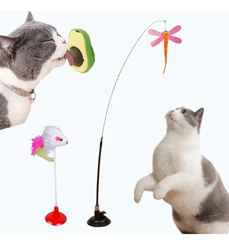 Kit 3 Brinquedo Gato Varinha Com Ventosa Fixa Chao Catnip