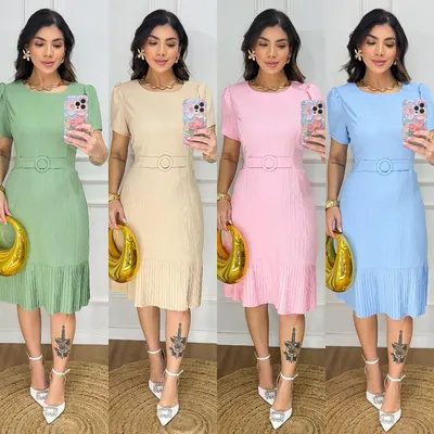 VESTIDO MIDI GOLA REDONDA(SAIA ,BARRA PLISADO,DETALHE COM CINTO)