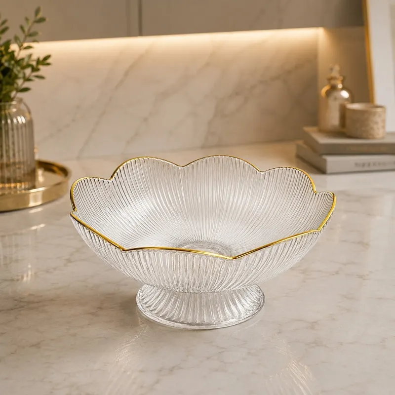 Fruteira Centro De Mesa Transparente Com Borda Dourada Luxo