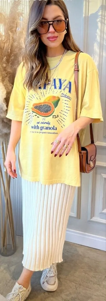 Camiseta Feminina Estampada Frutas PAPAYA WITH GRANOLA Tshirt Malha Premium
