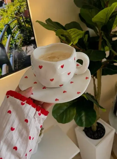 Xícara Com Pires Estampada, Xícara De Café Decorativa Coração Ou Limão Para Chá
