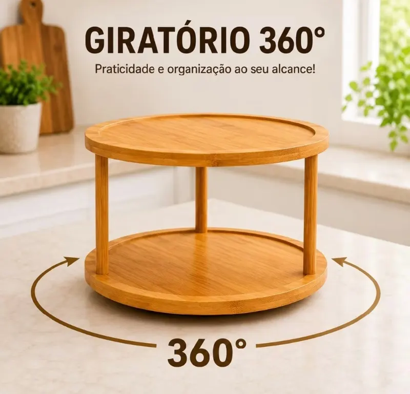 Organizador Giratório 2 Andares de Bambu Porta Tempero Cozinha Banheiro ENVIO IMEDIATO